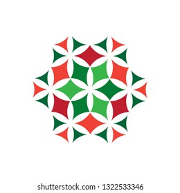 Abstract red and green geometrical surface. Colorful flower of life shape. Oriental symbol. Logo design. Zen illustration. Yoga background. Emblem of harmony. Vector drawing.