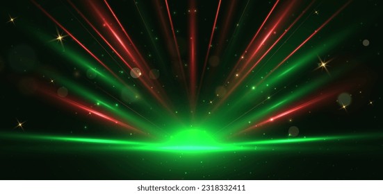 Abstract red and green light rays on black background with lighting effect and bokeh. Vector illustration