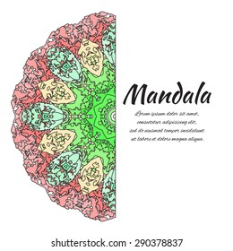 Abstract red green mandala. Floral ornamental border . Round pattern, oriental style. Decor for your design, lace ornament. Vector illustration.