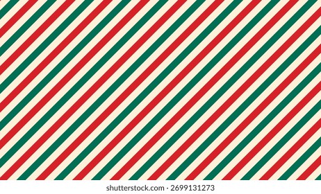 Abstract red and green striped background. Christmas colors, template for holiday design. Horizontal banner with slanted stripes. Vector graphics