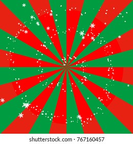 Abstract red and green striped wheel with snowflakes in spiral flow. Concepts of Merry Christmas and Happy New Year, miracle, celebration, etc. Use as background, montage. Vector illustration. 