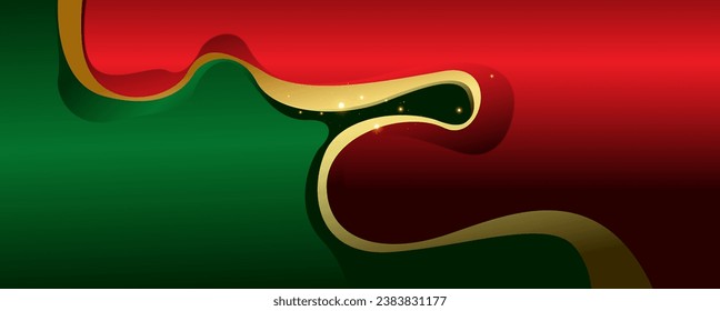 Abstract red and green wave background with golden ribbon