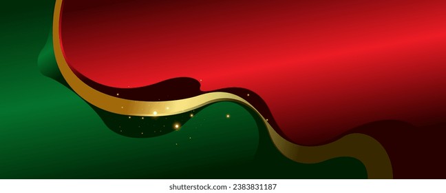 Abstract red and green wave background with golden ribbon