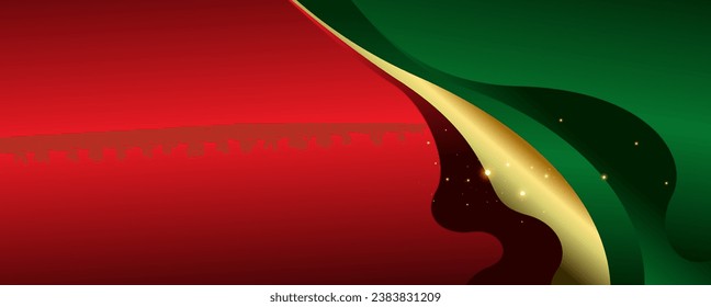 Abstract red and green wave background with golden ribbon