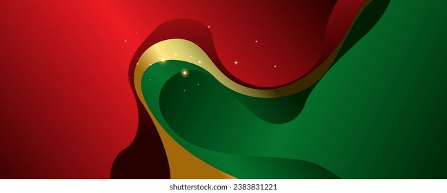 Abstract red and green wave background with golden ribbon