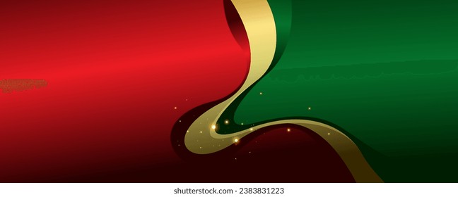 Abstract red and green wave background with golden ribbon