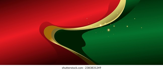 Abstract red and green wave background with golden ribbon