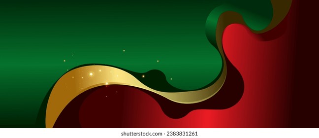 Abstract red and green wave background with golden ribbon