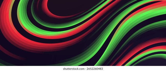Linhas onduladas abstratas vermelhas e verdes em um plano de fundo escuro