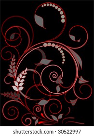 abstract red and grey floral composition on black background