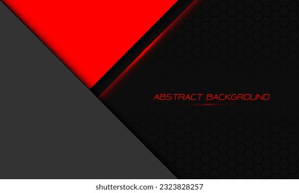 Abstract red grey triangle overlap on dark hexagon mesh pattern with blank space design modern futuristic technology background vector illustration.