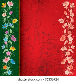 abstract red grunge background with flowers on green