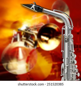 abstract red grunge background with saxophone and musical instruments