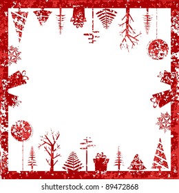 Abstract red grunge Christmas cubic shape stamp with small elements like Christmas trees, hanging Christmas balls & gift boxes for Christmas & other occasions.