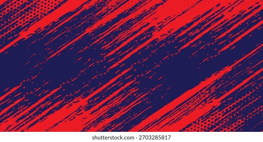 Abstractas grunge rojo con semitono sobre fondo azul. Vector puntos brillo o efecto semitono. Estilo moderno del deporte del grunge. Diseño sencillo. Ilustración vectorial.