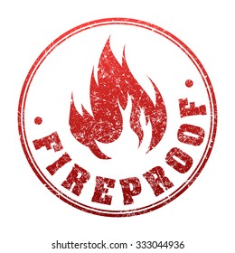 Abstract red grunge rubber stamp with caption FIREPROOF and blazing fire