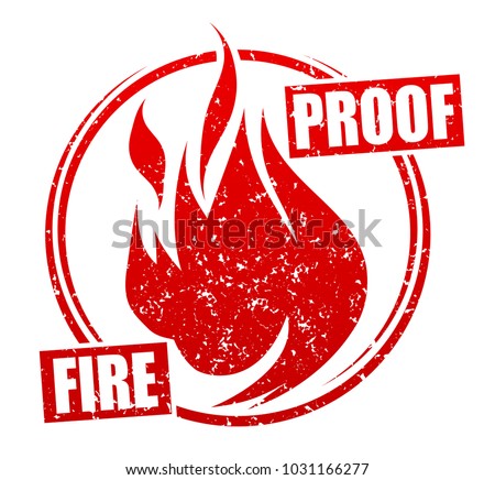 Abstract red grunge rubber stamp with caption FIREPROOF and blazing fire