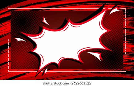 Abstract red Grunge Scratch and halftone Texture In Dark Background with blank splash comic bubble chat text in frame for poster, banner event or sale 