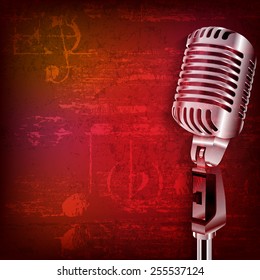 abstract red grunge sound background with retro microphone