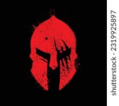 Abstract red grunge spartan and viking helmet with ink blots splashes isolated on black background