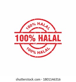 Abstract Red Grungy 100% Halal Rubber Stamps Sign with Circle Shape Illustration Vector, 100% Halal Text Seal, Mark, Label Design Template