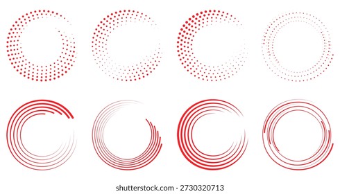 Anillos circulares Abstractas del semitono rojo y Elementos dinámicos del marco espiral en el fondo blanco