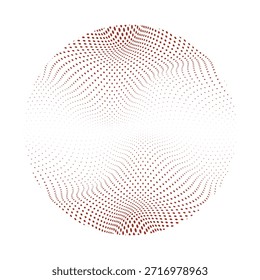Abstrakte rote Rasterpunkte bilden ein verzerrtes wellenförmiges Muster. Gestaltungselement mit kreisförmiger Form. Optische Illusion Grafik. Moderne digitale Kunst. Dynamische geometrische Hintergrundtextur.