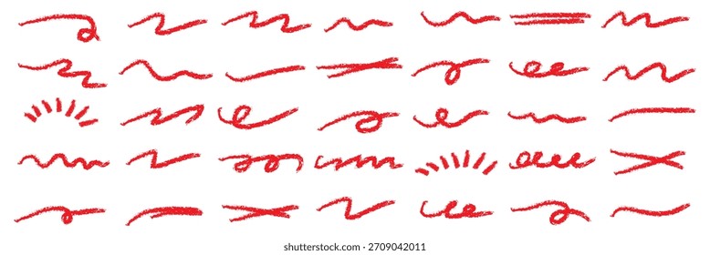Abstractas líneas dibujadas a mano y garabatos rojos sobre fondo blanco por marcador o pluma. Elementos de diseño de estilo de tiza Doodle para resaltes, divisores de texto, marcos o propósitos decorativos. Minimalista sketchy.E