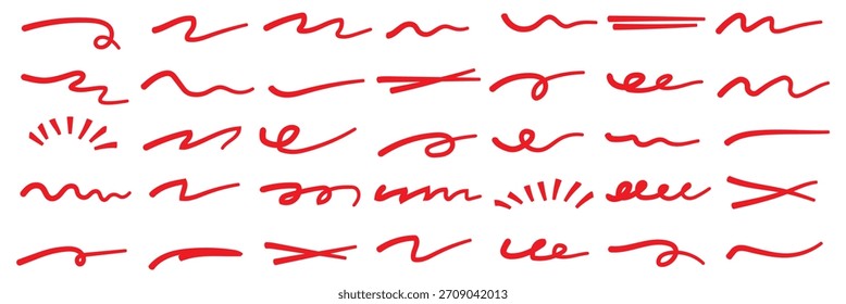 Abstract Red hand drawn lines and scribbles on white background by marker or pen. Doodle chalk style design elements for highlights, text dividers, frames, or decorative purposes. Minimalist sketchy.E