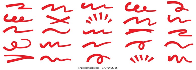 Abstract Red hand drawn lines and scribbles on white background by marker or pen. Doodle chalk style design elements for highlights, text dividers, frames, or decorative purposes. Minimalist sketchy.E
