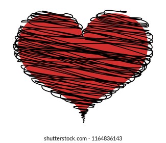 Abstract red heart with black lines, icon. Vector design element isolated on light background.