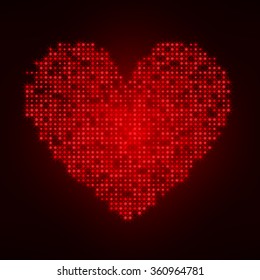 Abstract red heart from bright shining stars on a dark background. Greeting card for Valentine's Day