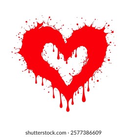 Abstract red heart design with dripping paint splatter edges, set against a clean white background, symbolizing passion and creativity. Valentine's day illustration.