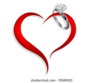 Abstract red heart with diamond ring