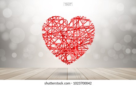 Abstract red heart floating over wooden floor texture with light blurred bokeh background. Vector illustration.