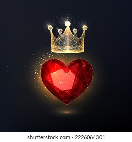 Abstract red heart and gold crown in futuristic glowing low polygonal style isolated on black background. Modern abstract connection design vector illustration.
