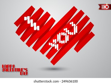 Abstract red heart inscription I love you on a gray background of white paper