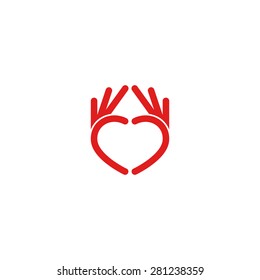 Abstract Red Heart Logo From The Hands, The Mockup Icon Design For The Volunteer, Medical, Or Children Is Organization