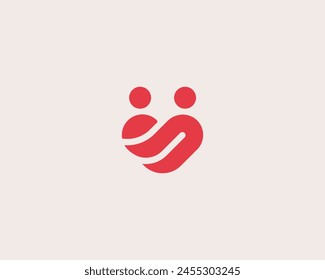 Abstraktes Rotherzlogo. Kreative Liebe umarmt Familienschild. Vektorillustration.