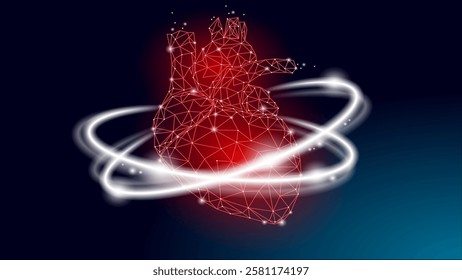 Abstract red heart low poly. Bright glowing lines surround it. Medical healthcare technology design. Dark blue background low poly art vector illustration