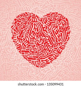 Abstract red heart made of doodle shapes on pink seamless background