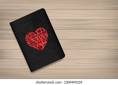 Abstract red heart on book cover with wood texture background. Vector illustration.