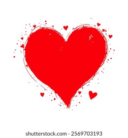 Abstract red heart with paint splashes and scattered small hearts, on a clean white background. Concept of love and passion. Valentine's day, wedding illustration.