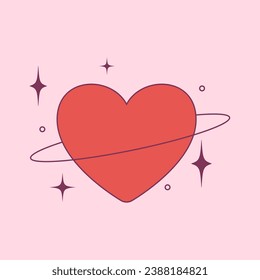 Abstract red heart planet with stars. Futuristic symbol of love. Y2k sticker for card, poster, collage design. Vector graphic.