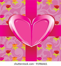 Abstract red heart with red ribbons on vintage rose background- vector illustration. St. Valentine's Day greeting card. eps 8.