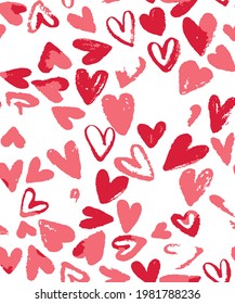Abstract red heart seamless pattern of brush in the heart shape, drops and strokes of paint, splash. Fashionable pink illustration for greeting card, invitation, wallpaper, 
