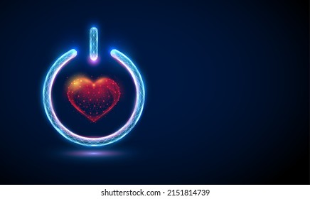 Abstract red heart shape in power button.  Low poly style design. Geometric background. Wireframe light connection structure. Modern 3d graphic. Vector illustration.
