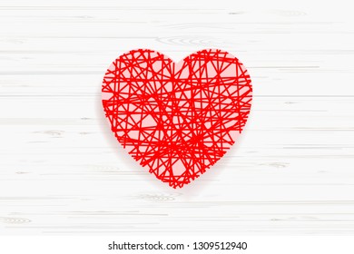Abstract red heart symbol for Valentine's Day on white wood background. Vector illustration.