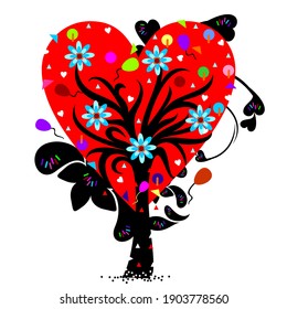 Un árbol de corazón rojo abstracto con flores azules en flor y globos felices sobre un fondo blanco aislado