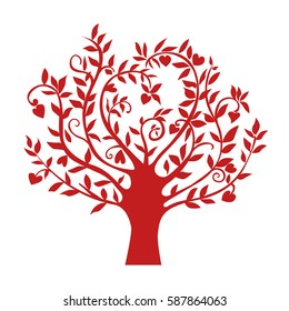 abstract red heart tree, isolated nature symbol, silhouette sign vector